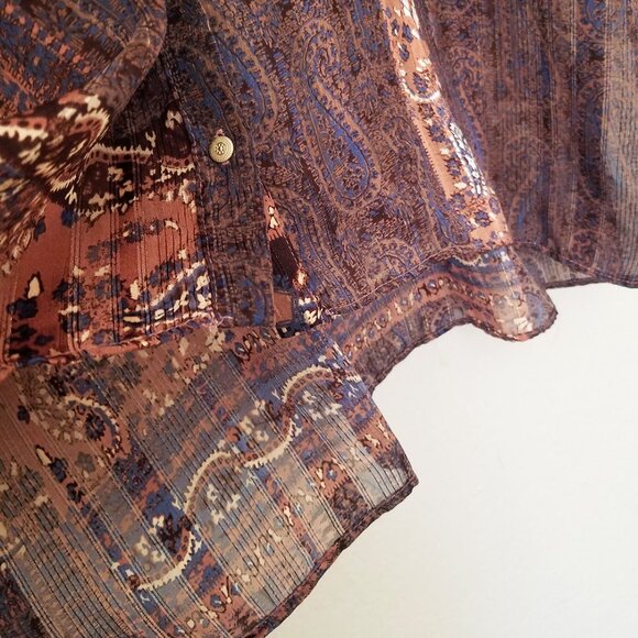Zara Patchwork Shirt Blouse Top M Oversized Paisley Boho Brown Semi Sheer Collar - Picture 13 of 16